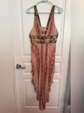 Y2K Vintage Bebe Snake Skin Blush Pink Dress with Gold Trim